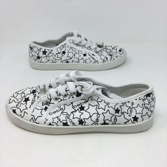 Bebe Women's Sneakers White Black Size 9 Daney Canvas Stars Logo Print Lace Up - Picture 7 of 8